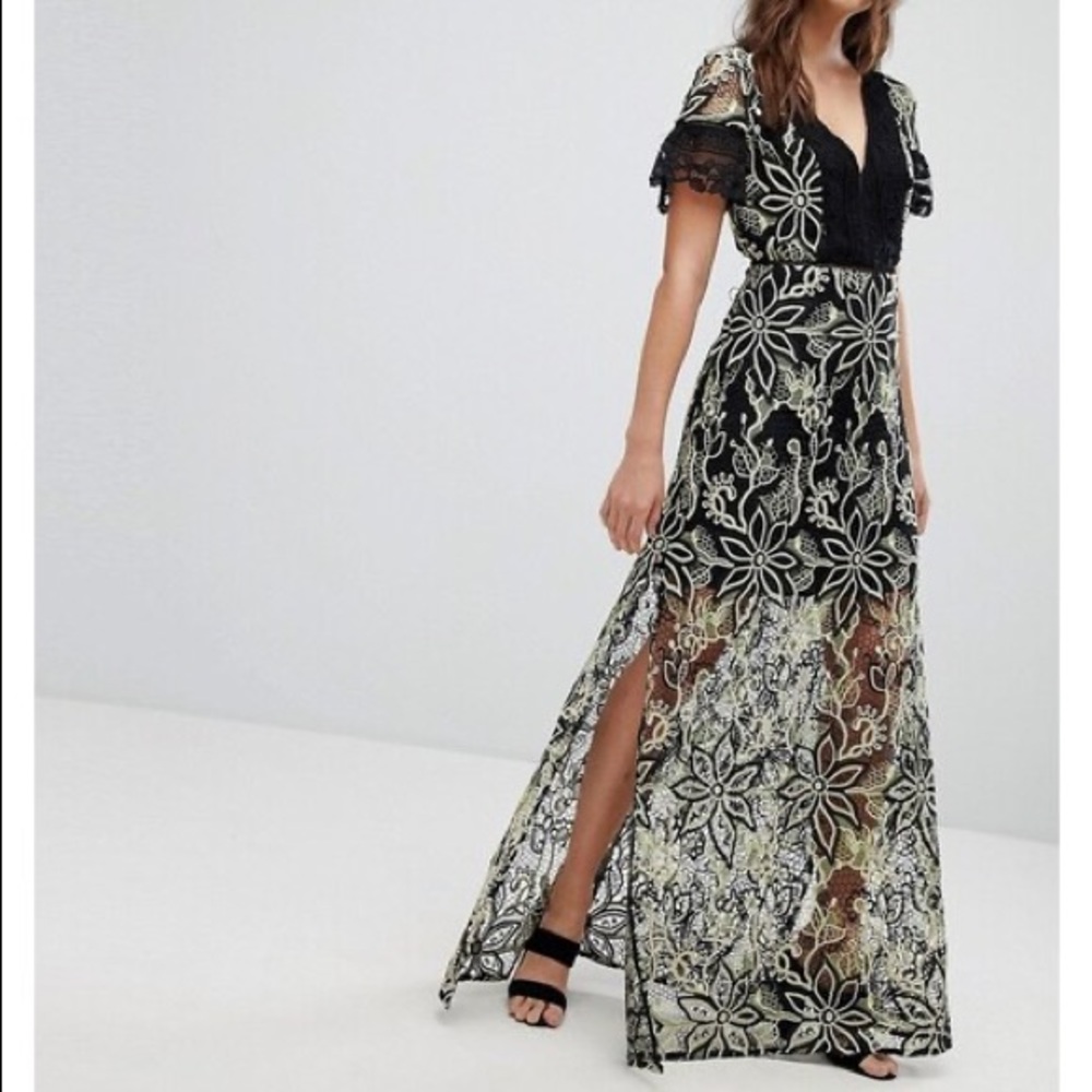 French Connection Black and Cream Lace Maxi Dress